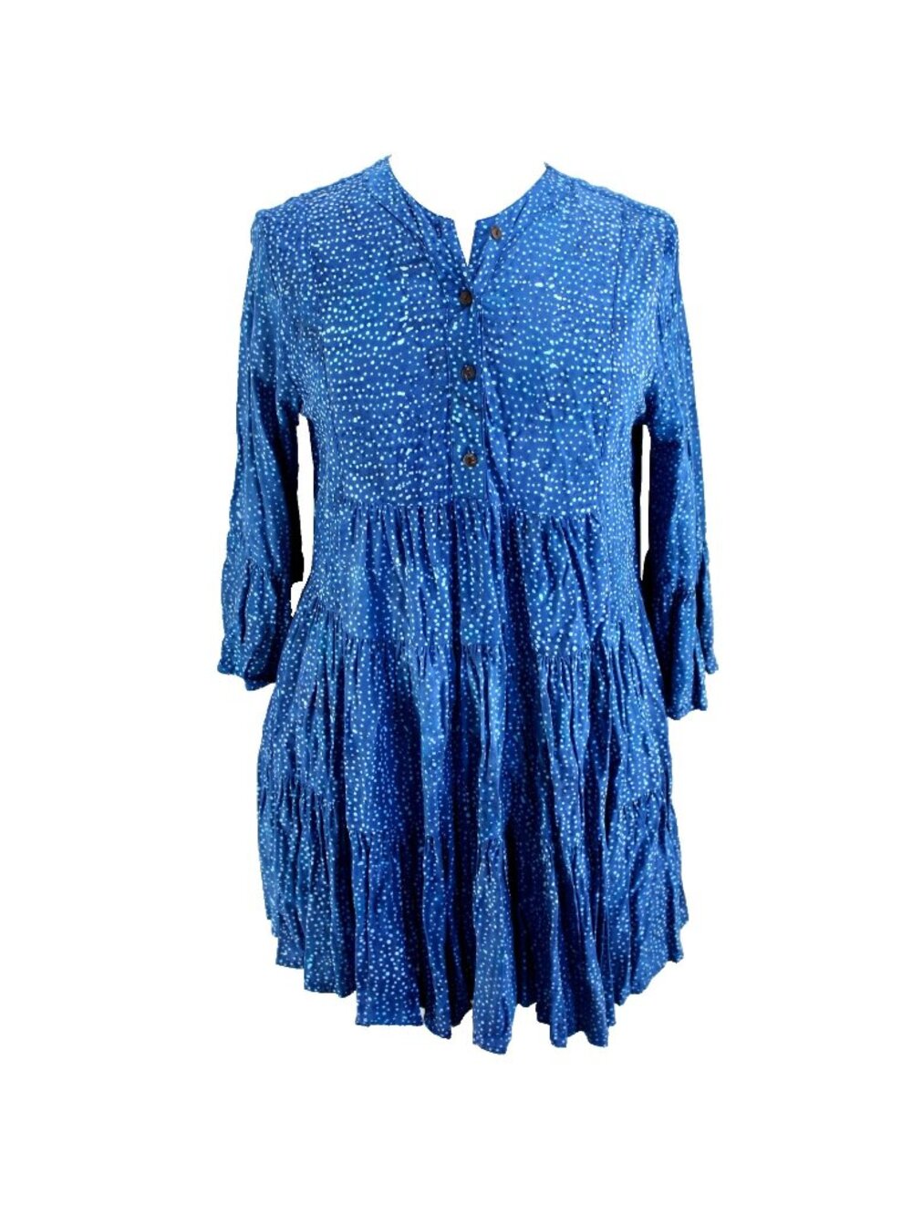 Go Fish Tiered Batik Mini Dress Womens Sz XL Blue Print Long Bell Sleeve Henley